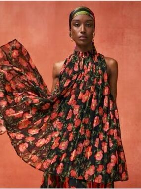 Sleeveless Black Maxi Dress with Red Rose Print